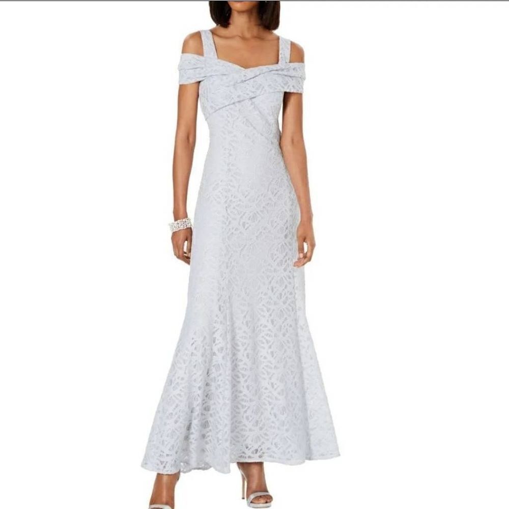 TAHARI ASL NWT Women's Limestone Lace‎ Cold shoulder Lace Ball Gown Dress Size 6